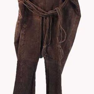 SUEDE PANTS, DARK BROWN, PLUS 26, FRONT "X" LACING, LONG SUEDE MULTI-STRAND BELT